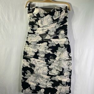 NWT Truly Zac Posen cream and gray floral on black strapless ruched dress